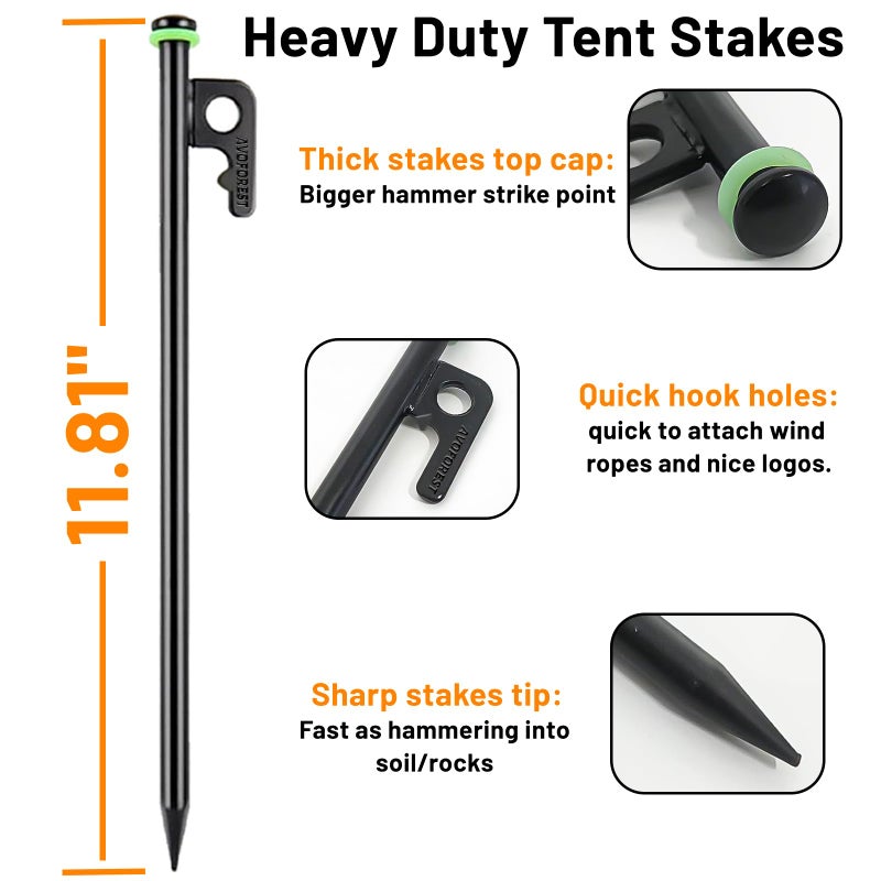 AVOFOREST 12Inch Heavy Duty Tent Stakes,8 PCS Tent Pegs Metal+Fluorescent Silicone Rings+ Storage Bag for Camping - Image 3